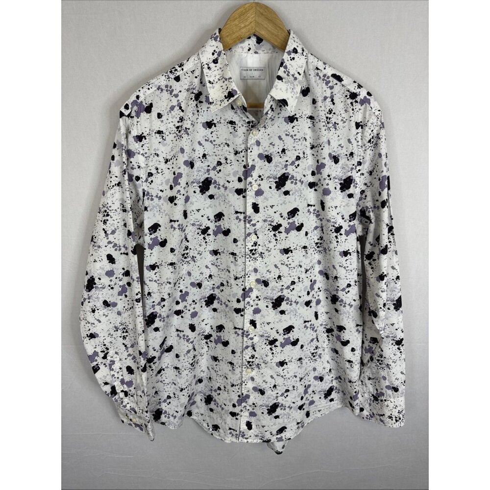 Tiger Of Sweden Farrell 4 Slim Dress Shirt Men L  EU 43 Paint Splatter White